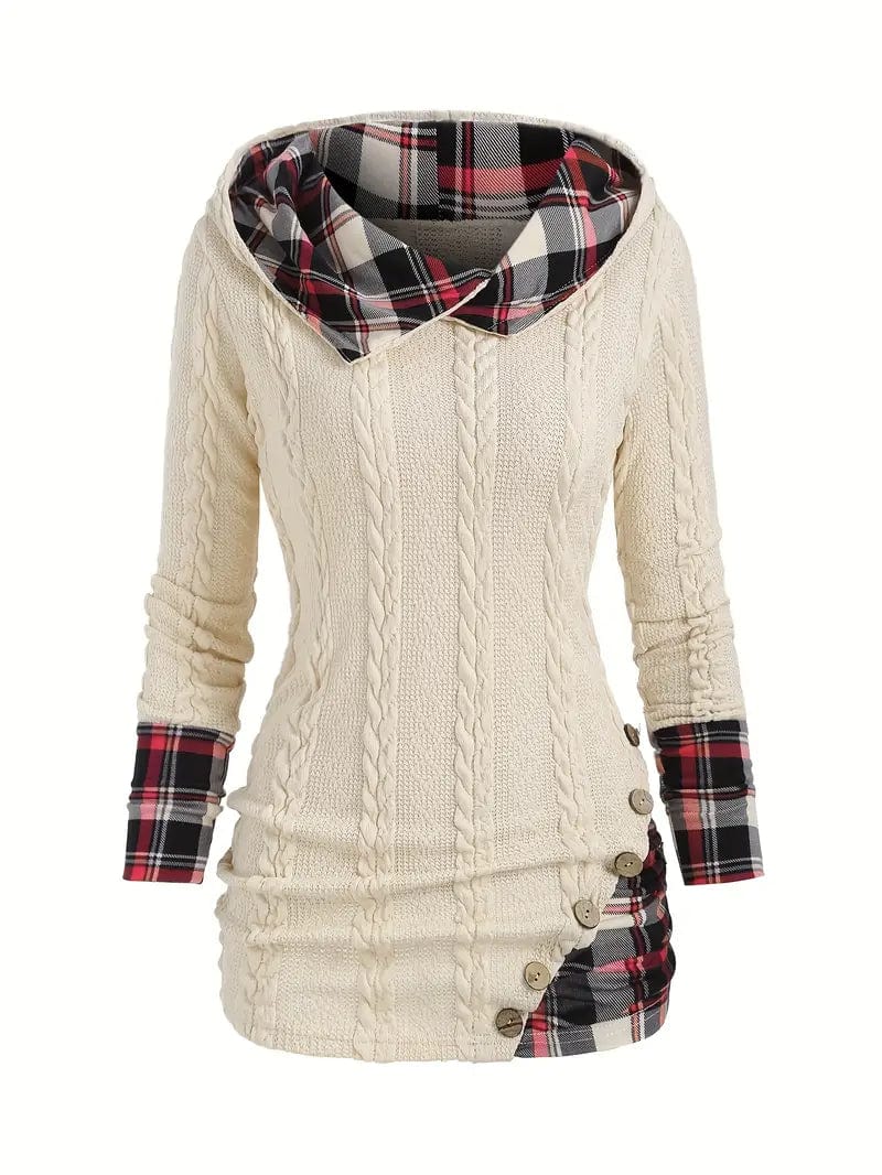 Textured Knit Top with Plaid Sleeves