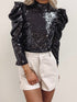 Mock Neck Sequin Top with Puff Sleeves