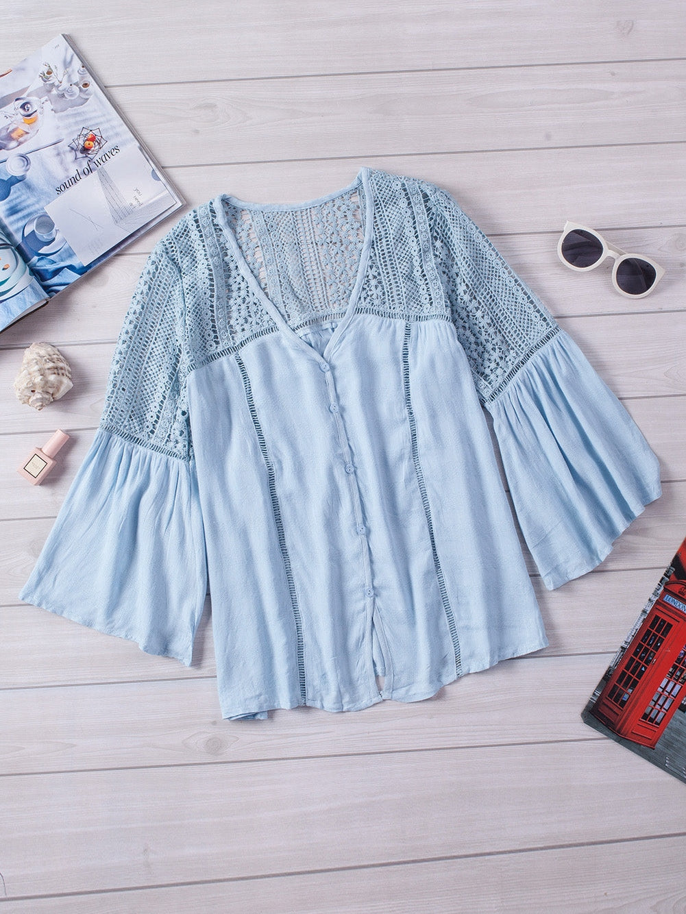 Crochet Insert Button-Down Blouse