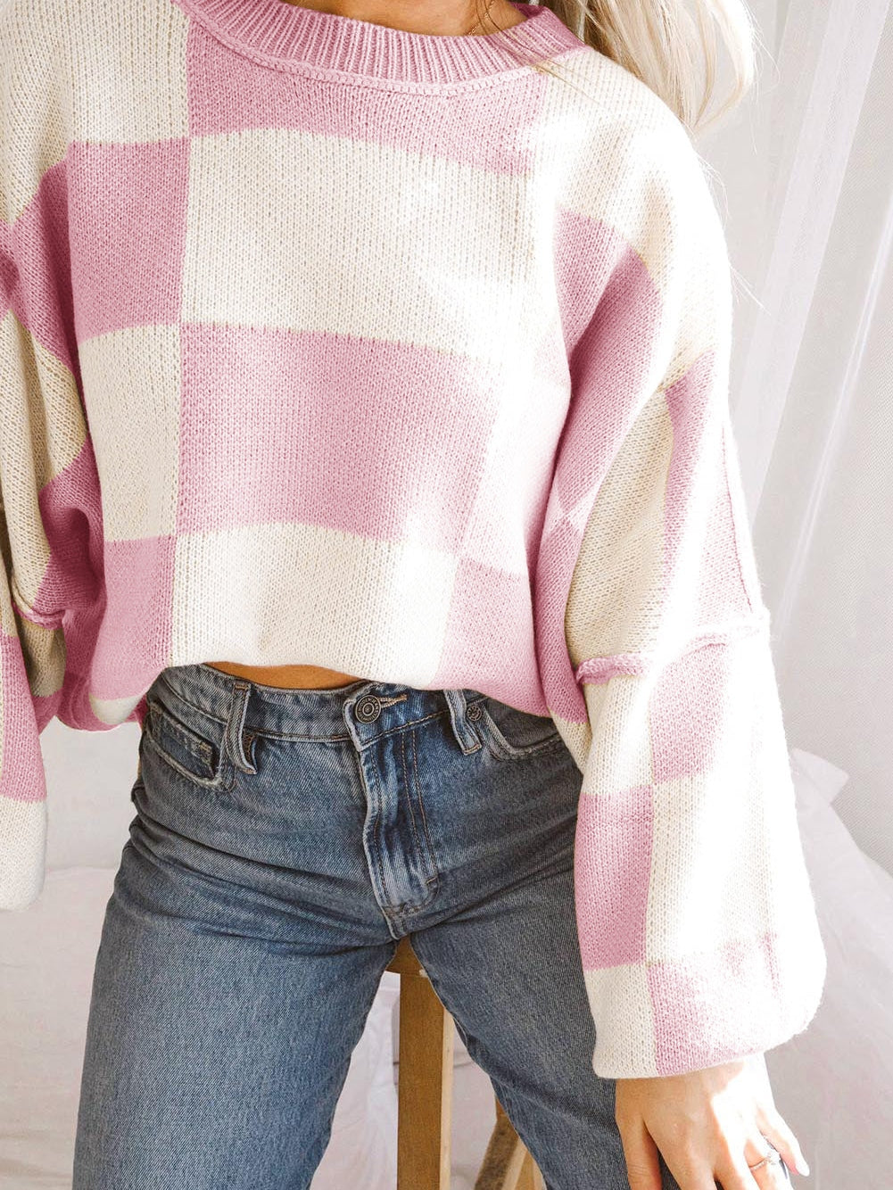 Women's Plus Size Checkered Knit Sweater