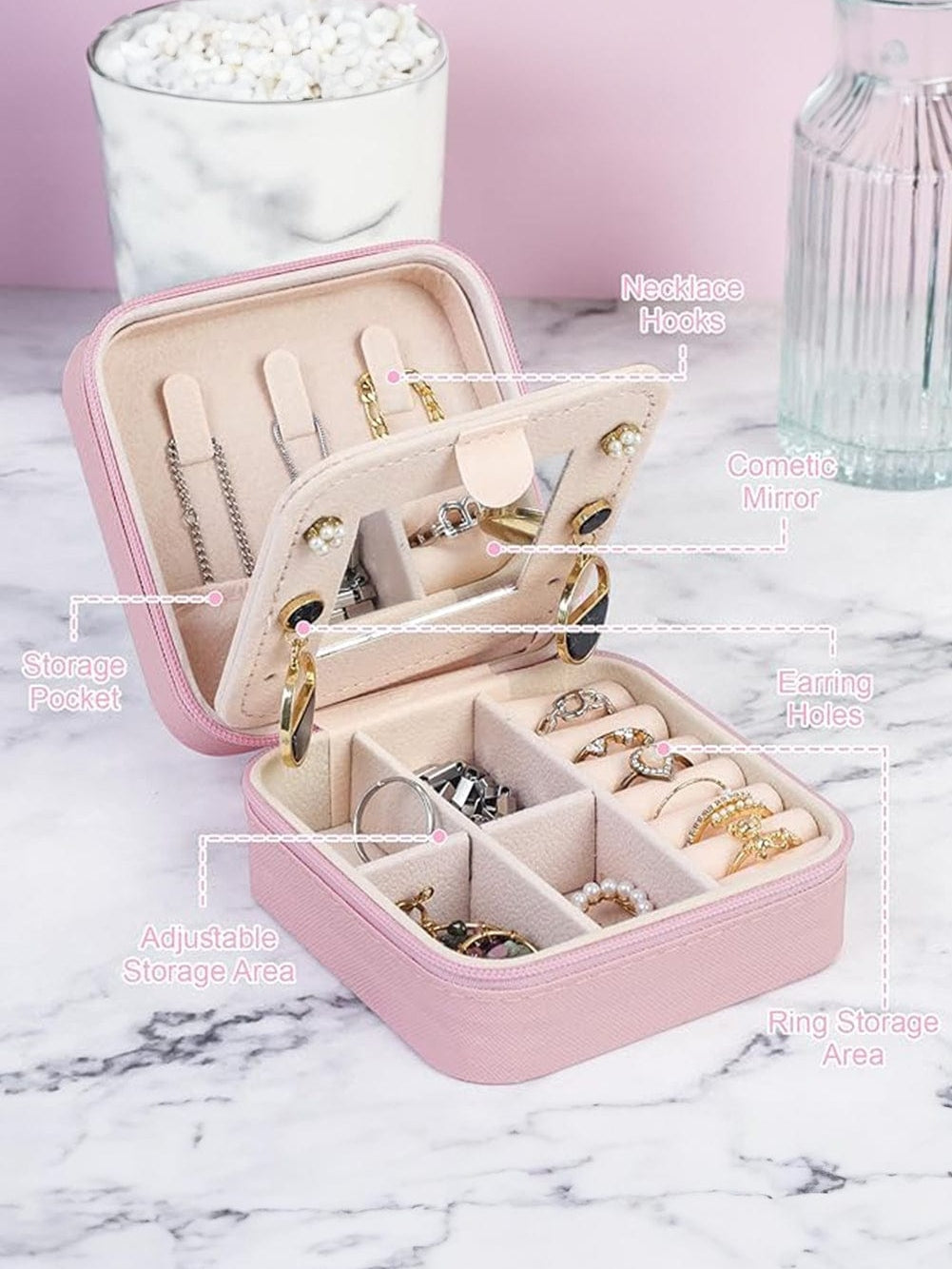 Chenille Letter Graphic Mini Jewelry Box with Mirror - Pink