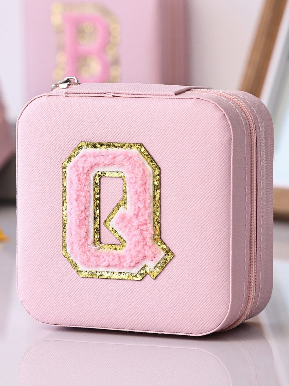 Chenille Letter Graphic Mini Jewelry Box with Mirror - Pink
