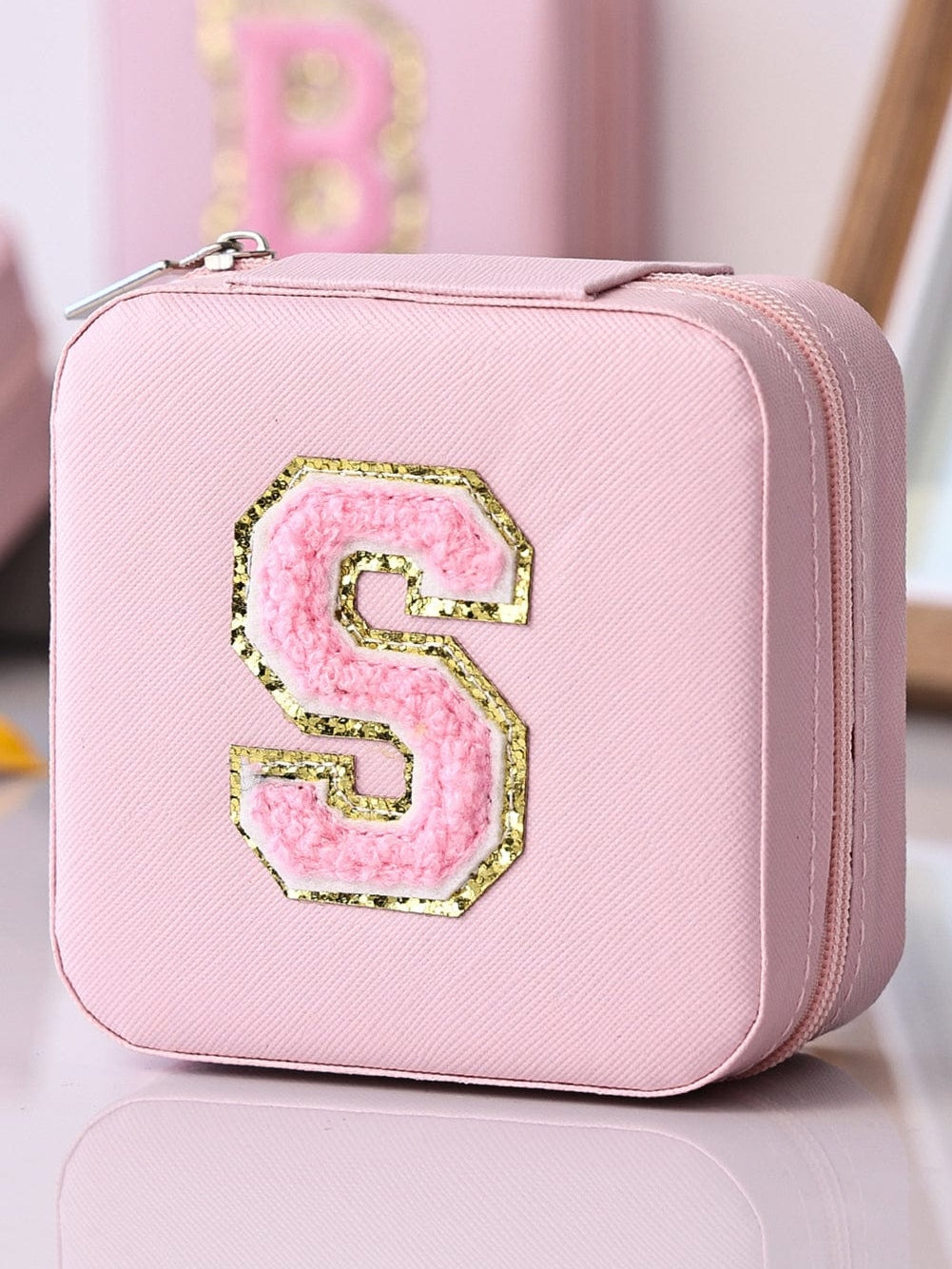 Chenille Pink Letter Jewelry Organizer with Mirror