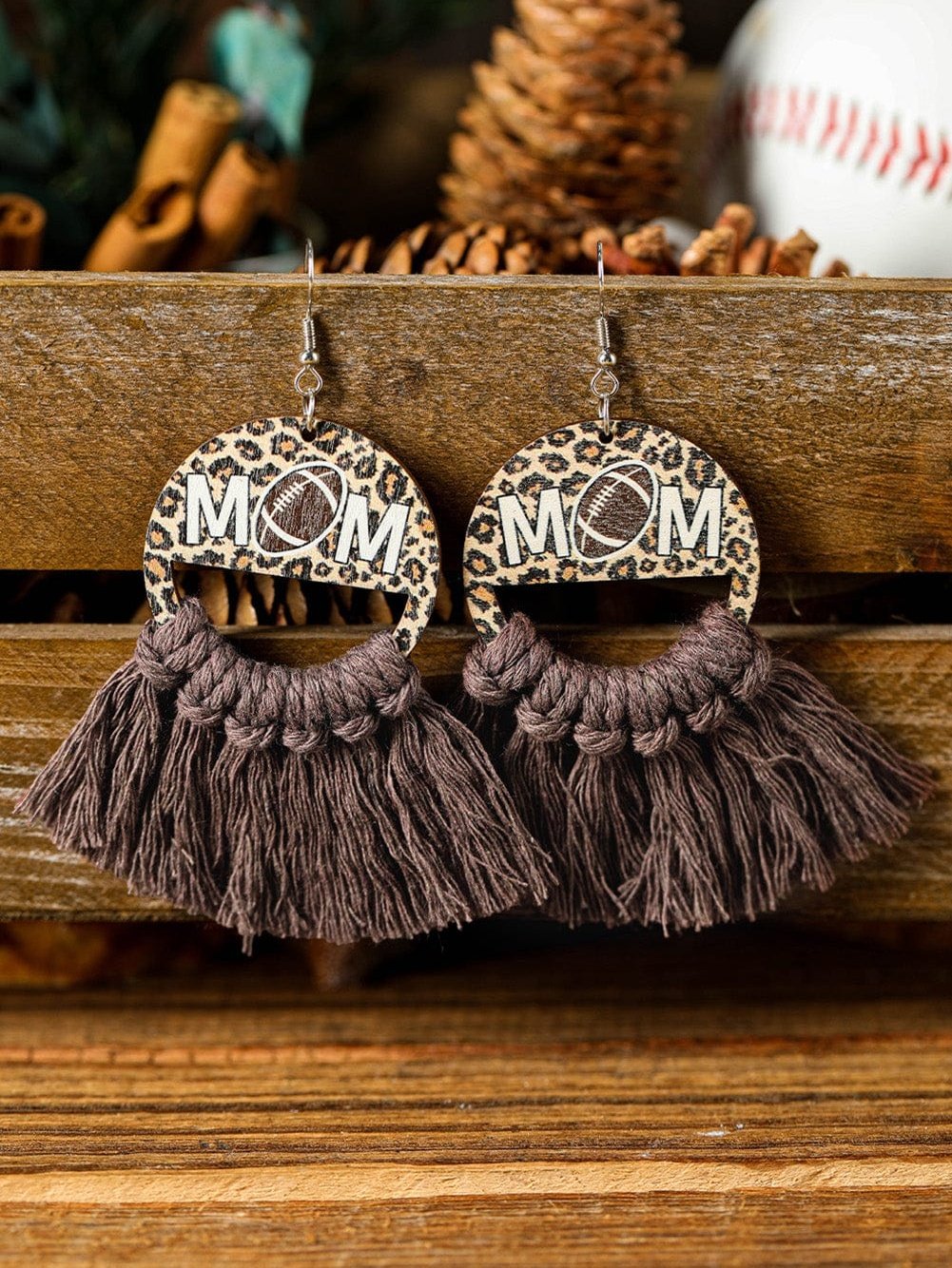 Leopard Print Chestnut Fringed Earrings with MOM Detail