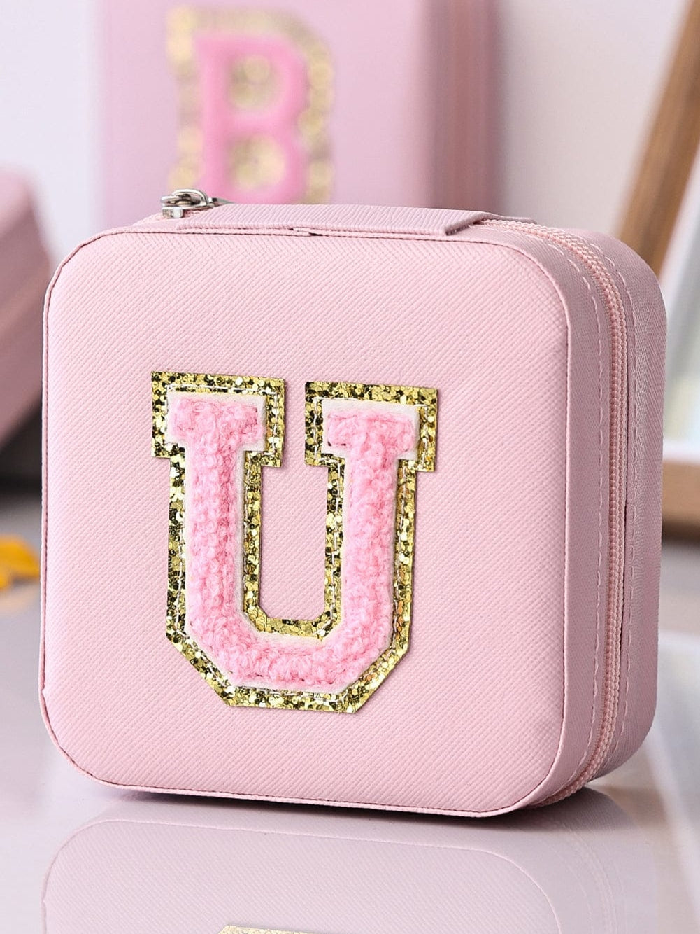 Chic Pink Glitter Chenille Mini Jewelry Organizer
