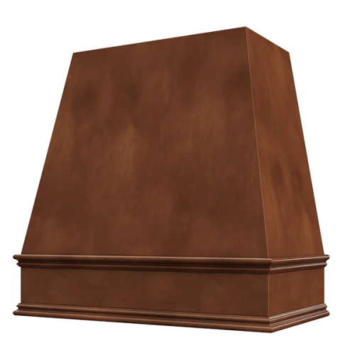 Campana extractora de madera color chocolate con frente cónico y borde decorativo: anchos disponibles de 30", 36", 42", 48", 54" y 60"