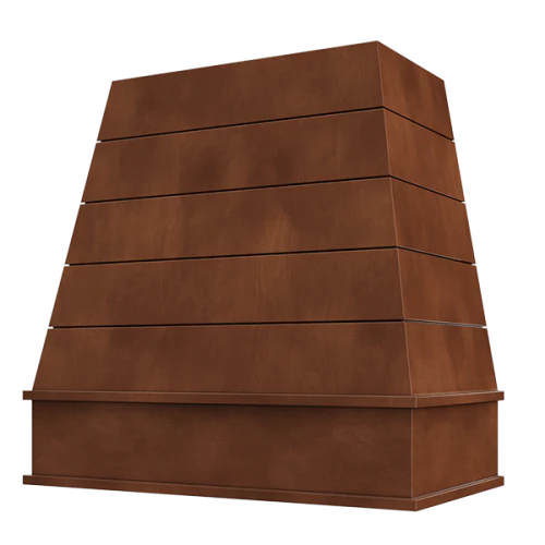 Campana extractora de madera color chocolate con frente de madera laminada cónica y moldura en forma de bloque: anchos disponibles de 30", 36", 42", 48", 54" y 60"
