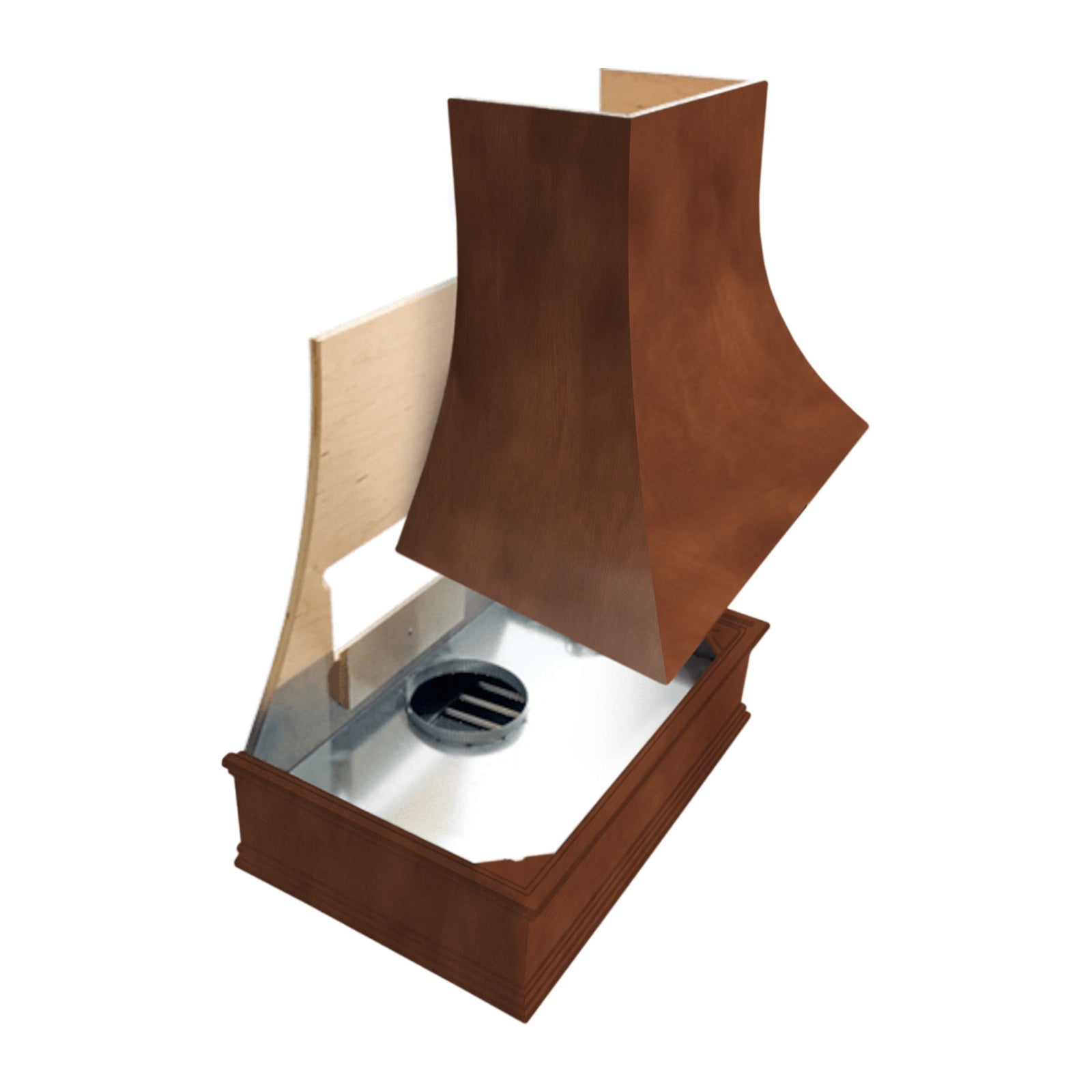 Chocolate Wood Range Hood With Sloped Strapped Front and Decorative Trim - 30