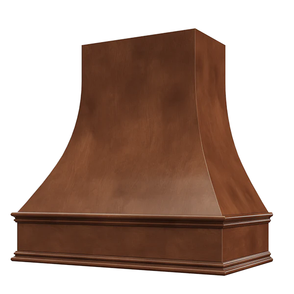 Campana extractora de madera color chocolate con frente curvo y borde decorativo: anchos disponibles de 30