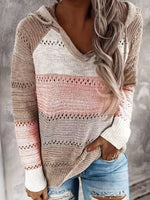 Casual Hooded Knit Sweater with Color Blocks