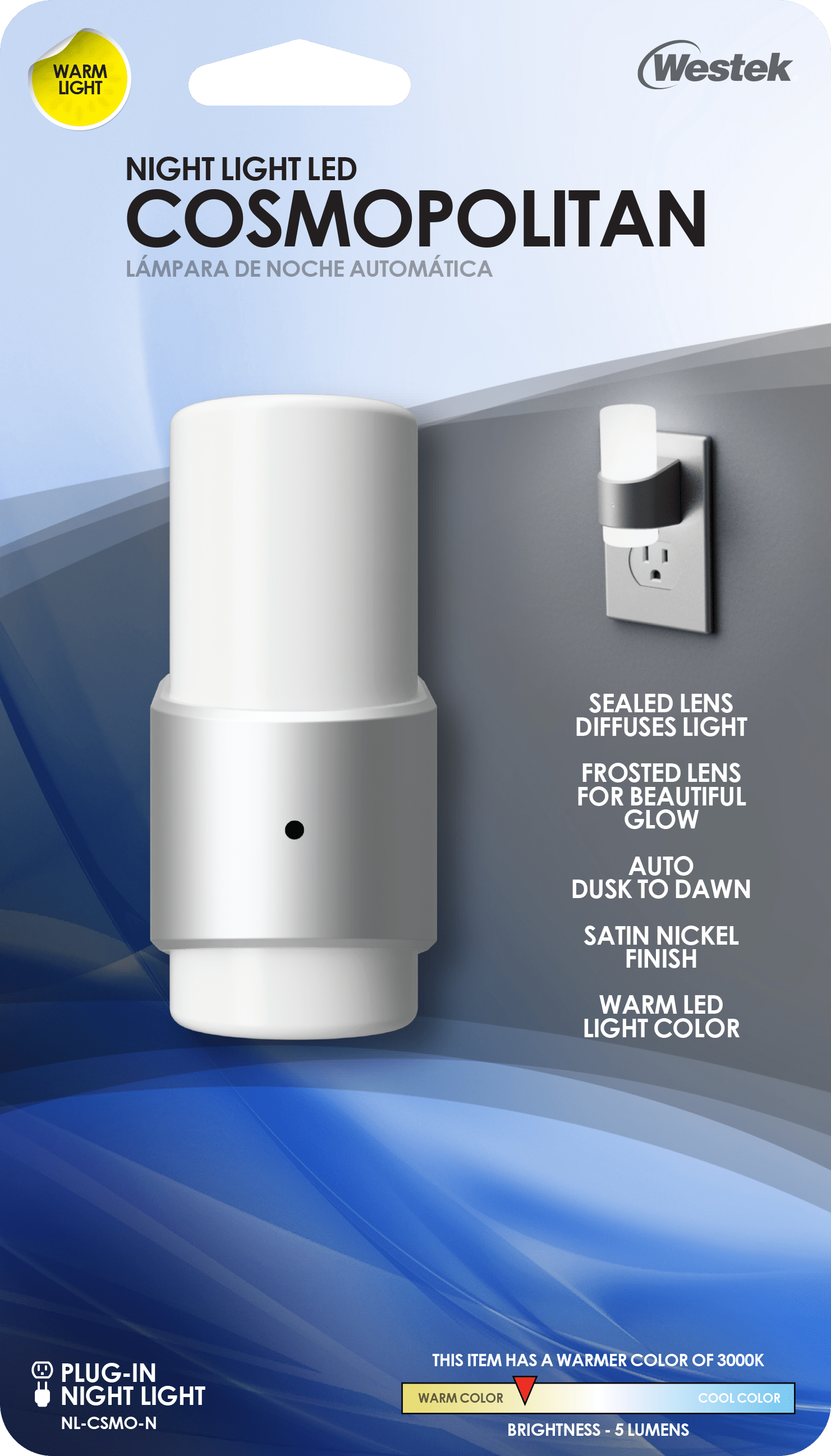 Lámpara de noche automática LED de níquel Cosmo