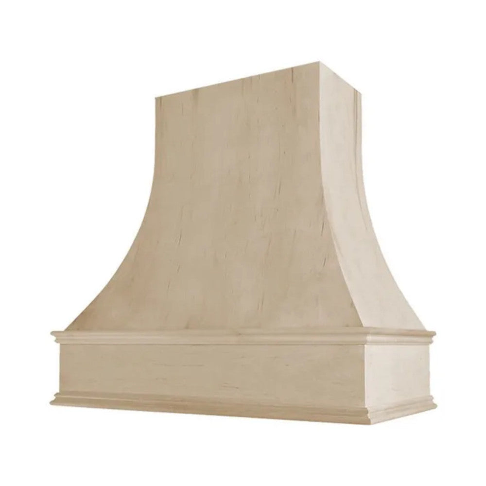 Campana extractora de madera sin terminar con frente curvo y moldura decorativa: anchos disponibles de 30", 36", 42", 48", 54" y 60"