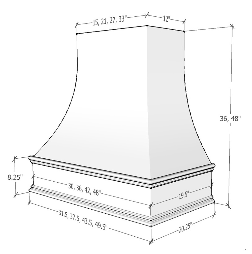 Campana extractora de madera sin terminar con frente curvo y moldura decorativa: anchos disponibles de 30", 36", 42", 48", 54" y 60"