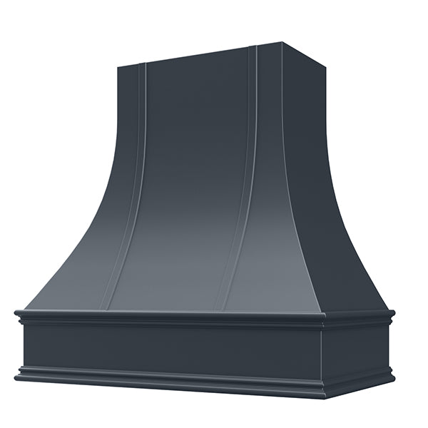 Navy Blue Range Hood With Curved Strapped Front and Decorative Trim - 30", 36", 42", 48", 54" and 60" Widths Available