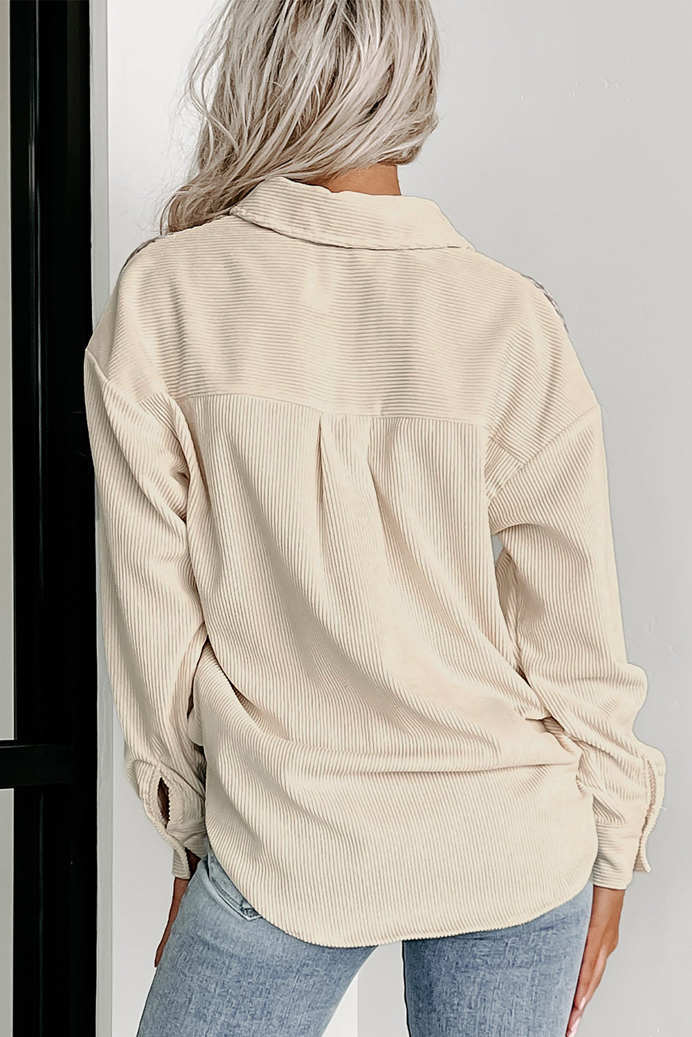 Long-Sleeve Corduroy Button-Down Shirt with Houndstooth
