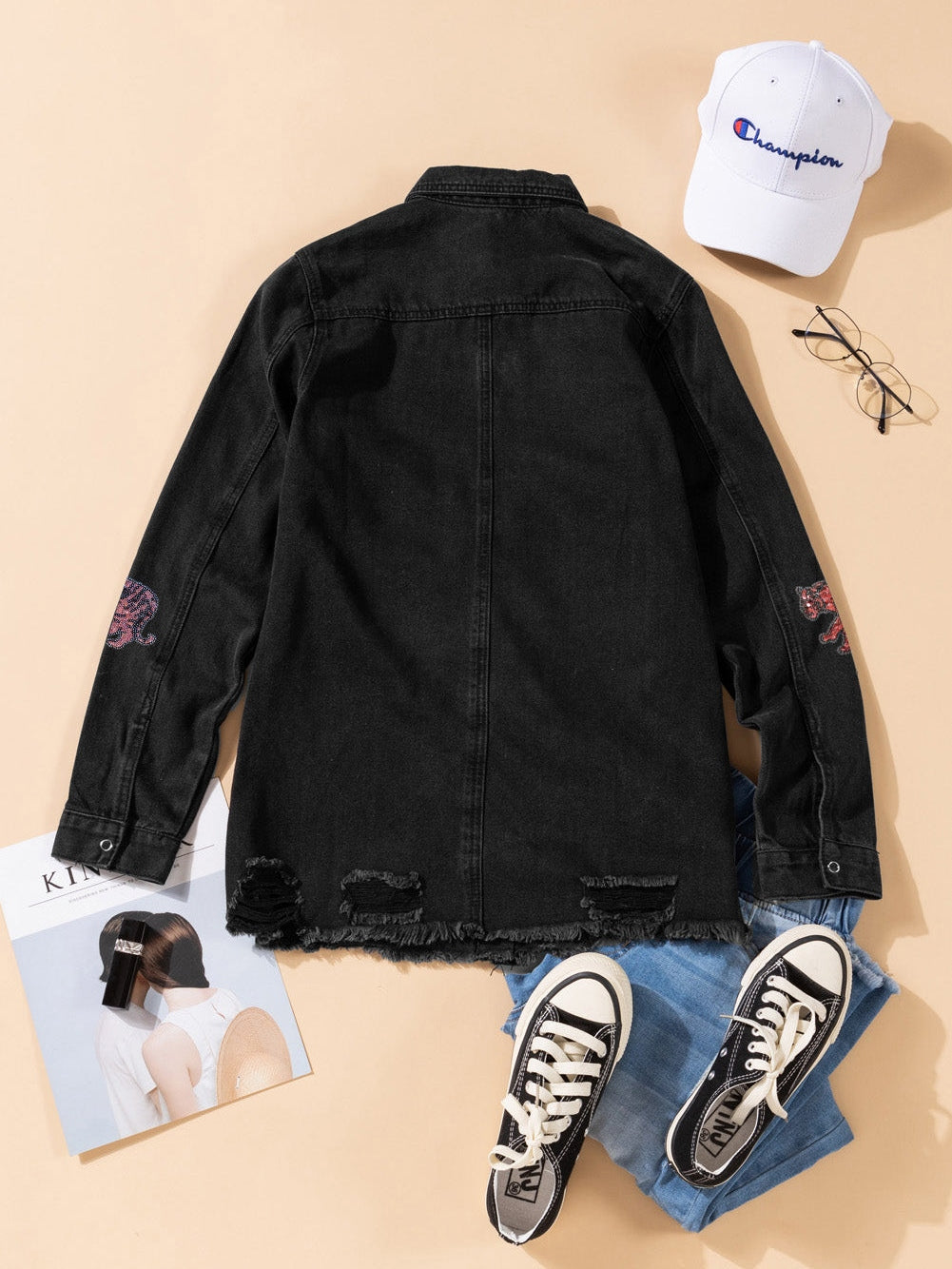 Loose Fit Black Denim Jacket with Tiger Print