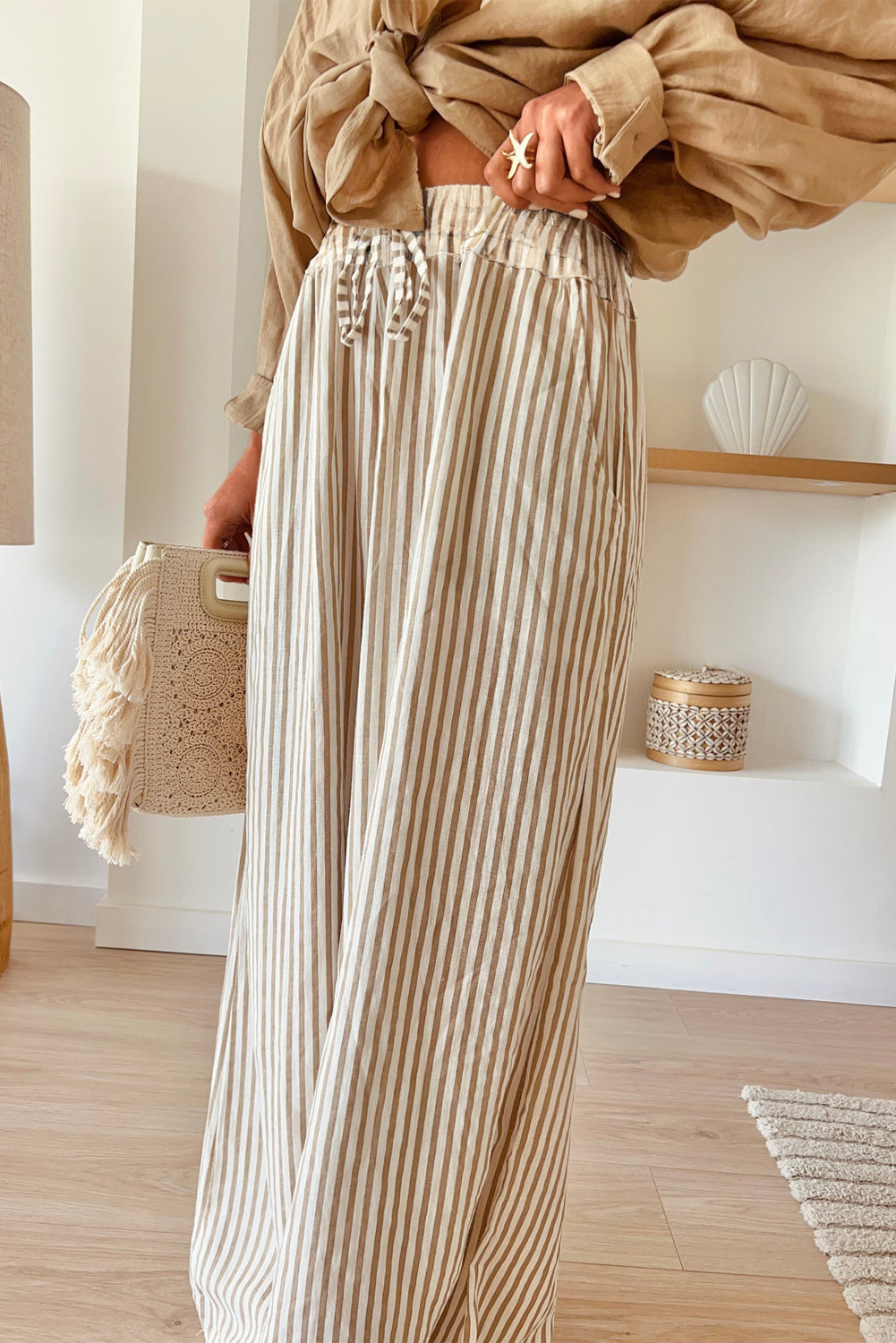 Striped Wide Leg Pants with Drawstring