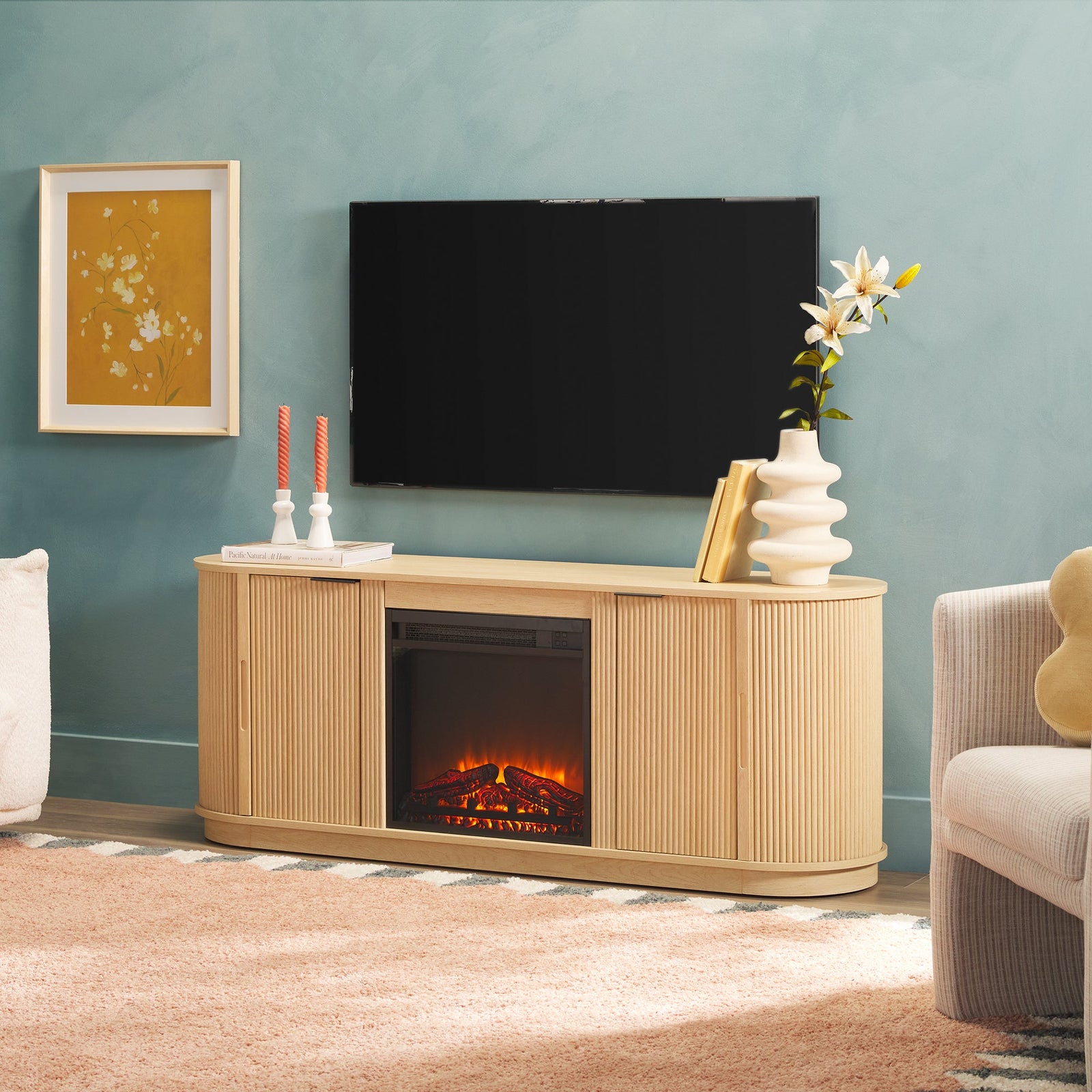 Mueble de TV con chimenea de caña escandinava moderna Chloe en 2 tamaños