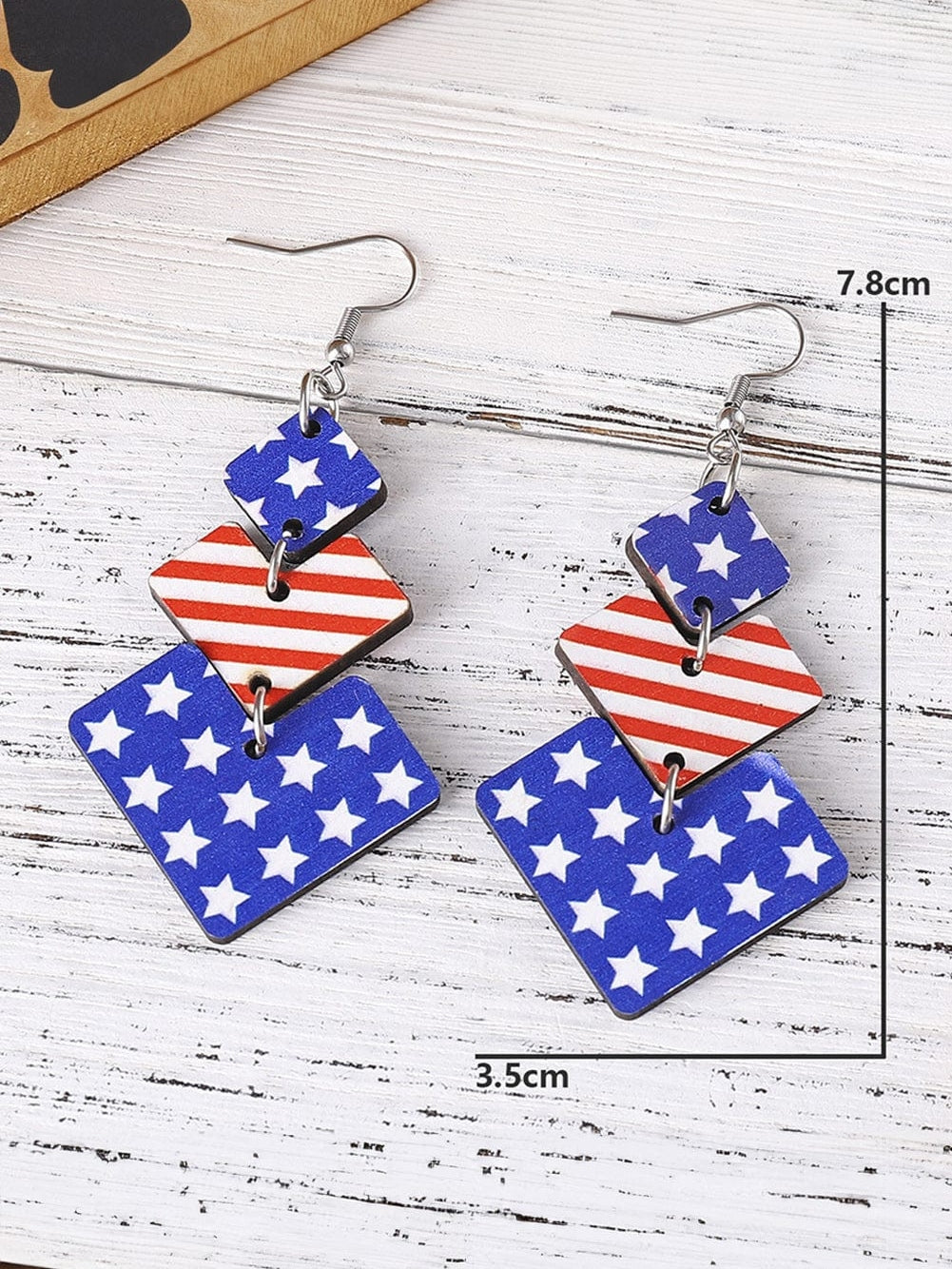 Patriotic Wooden Geometric Flag Dangle Earrings