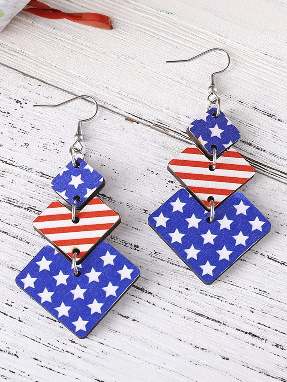 Patriotic Wooden Geometric Flag Dangle Earrings