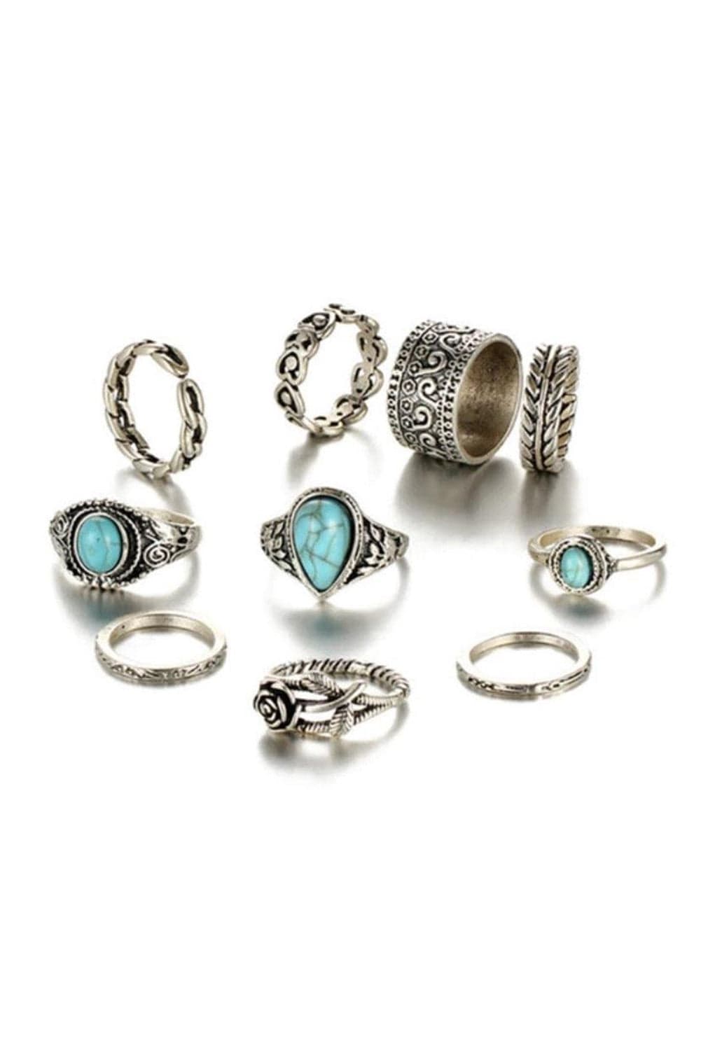 Vintage Turquoise Floral Ring Set - 10 Pieces with Dark Green Details