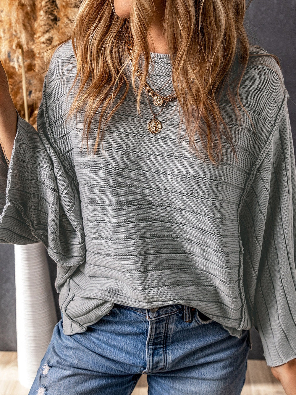 Striped Knit Top with Balloon Sleeves
