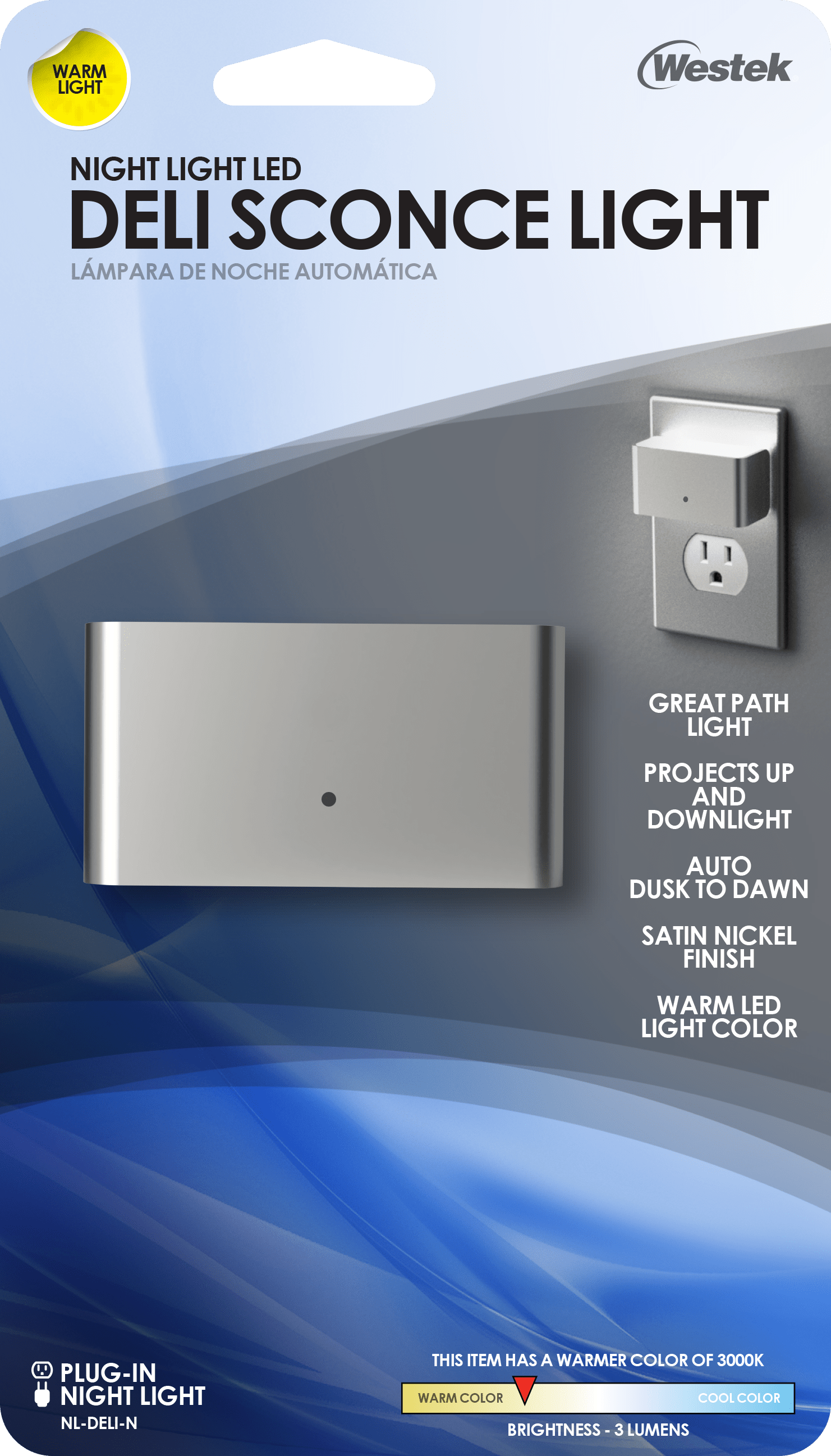 Lámpara de noche automática LED de níquel Deli