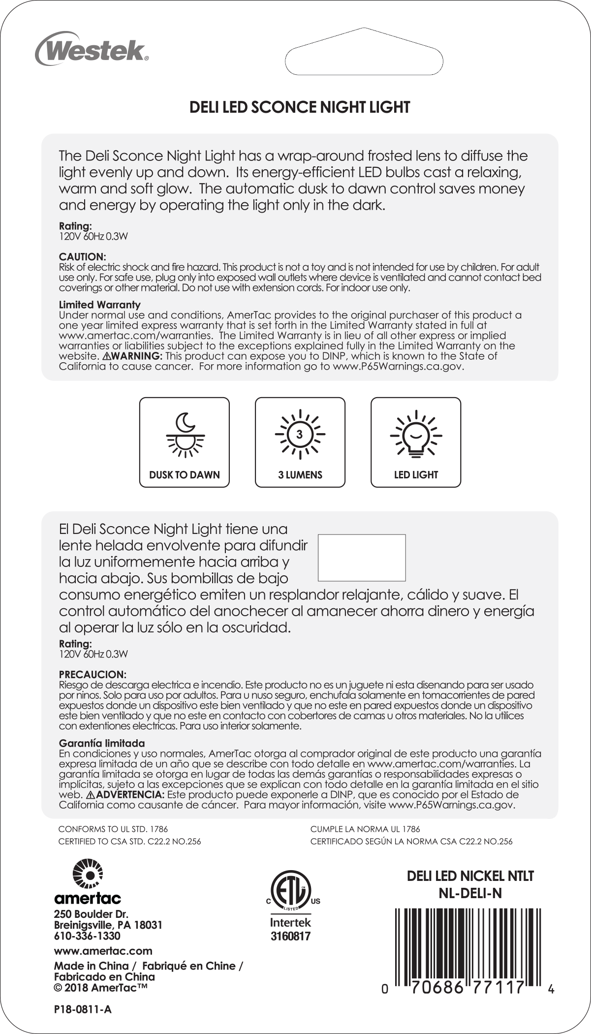 Lámpara de noche automática LED de níquel Deli