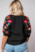 Black Floral Embroidered Ricrac Puff Sleeve Textured Blouse