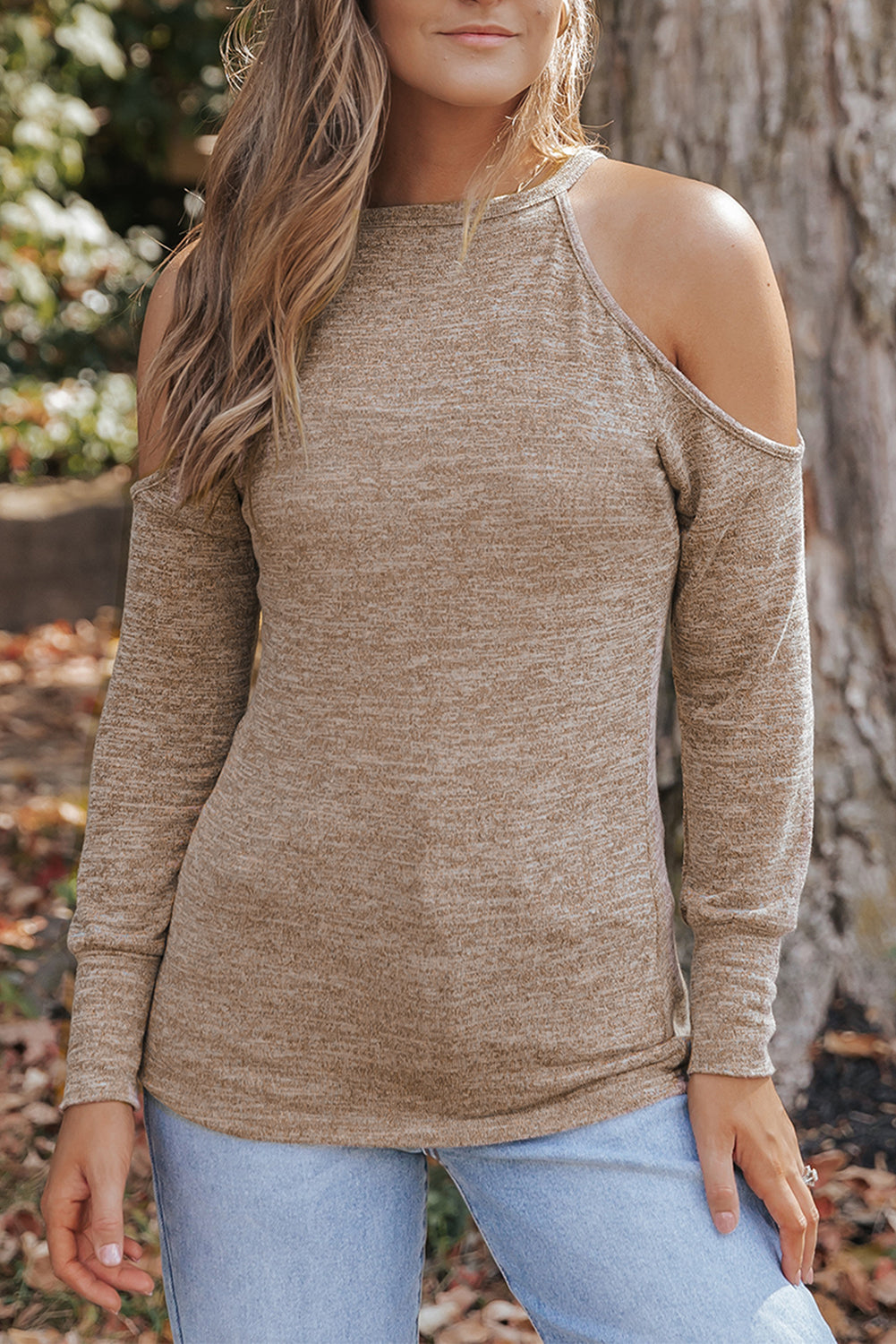 Open Shoulder Distressed Long Sleeve Top