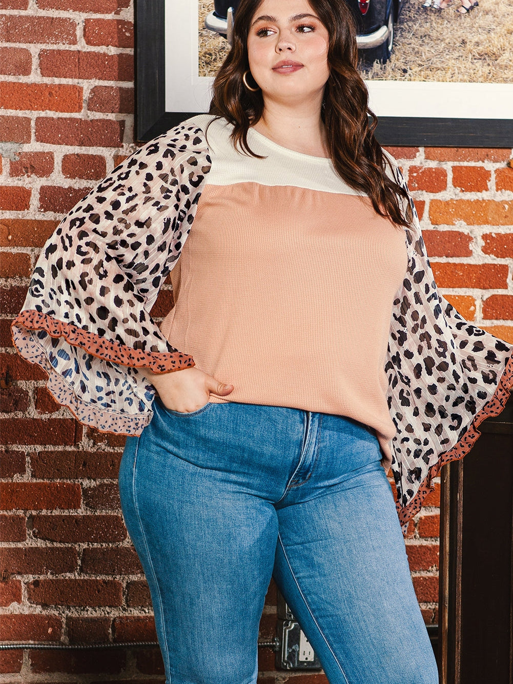 Statement Plus Size Top with Leopard Sleeves