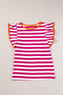 Rose Red Striped Ruffle Sleeve Crew Neck Blouse