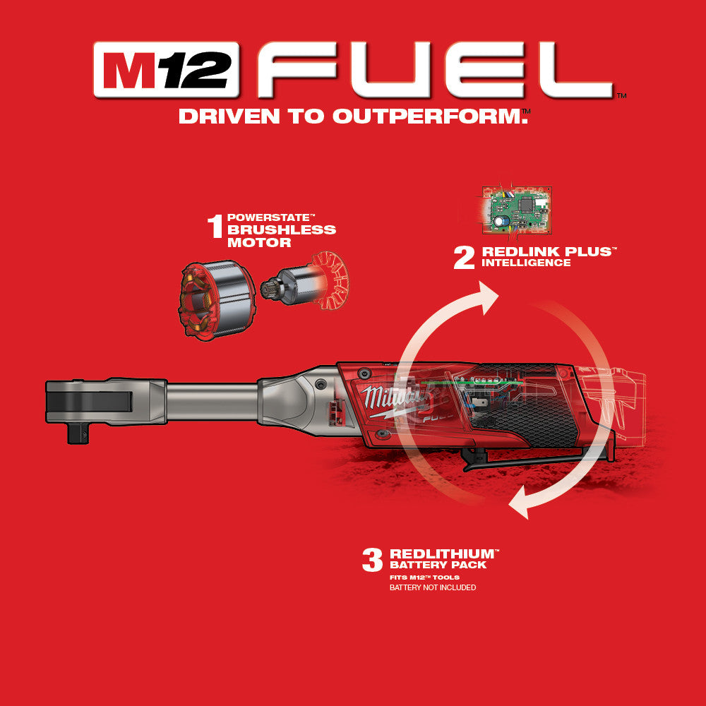 Trinquete de alcance extendido Milwaukee 2560-20 M12 FUEL™ de 3/8 pulg.