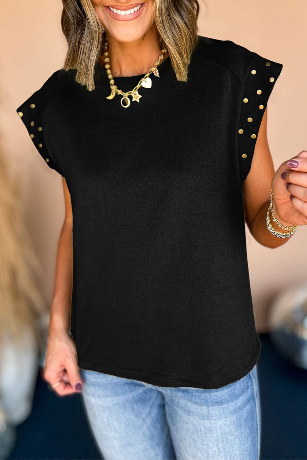 Feminine Black Studded Top