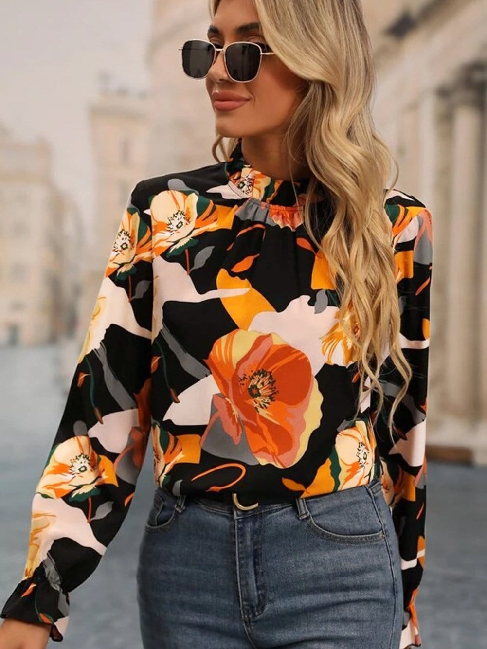 Stylish Floral Mock Neck Blouse