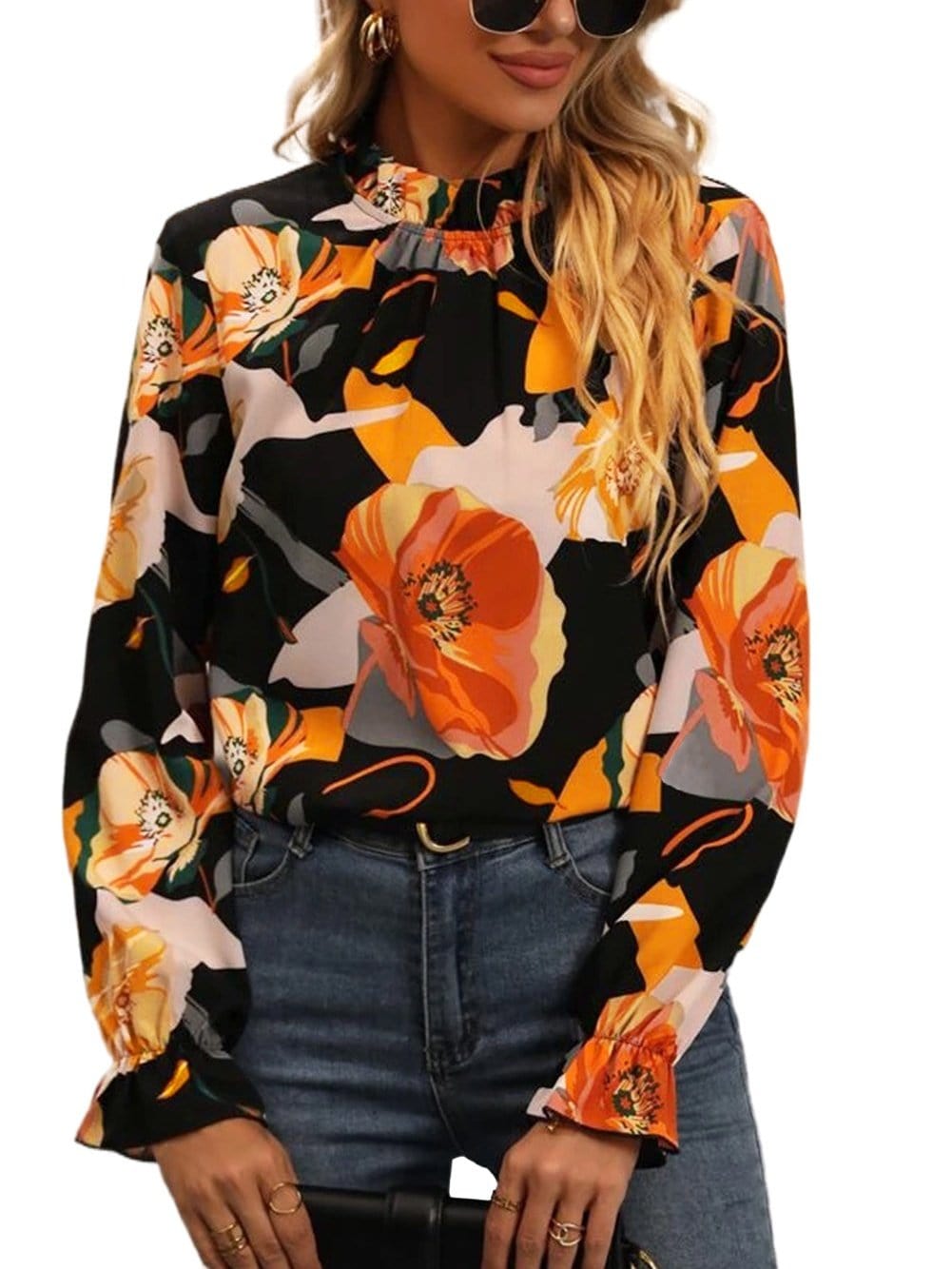 Stylish Floral Mock Neck Blouse