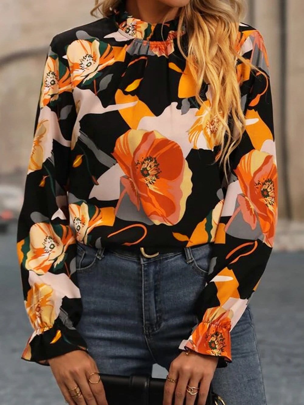 Stylish Floral Mock Neck Blouse
