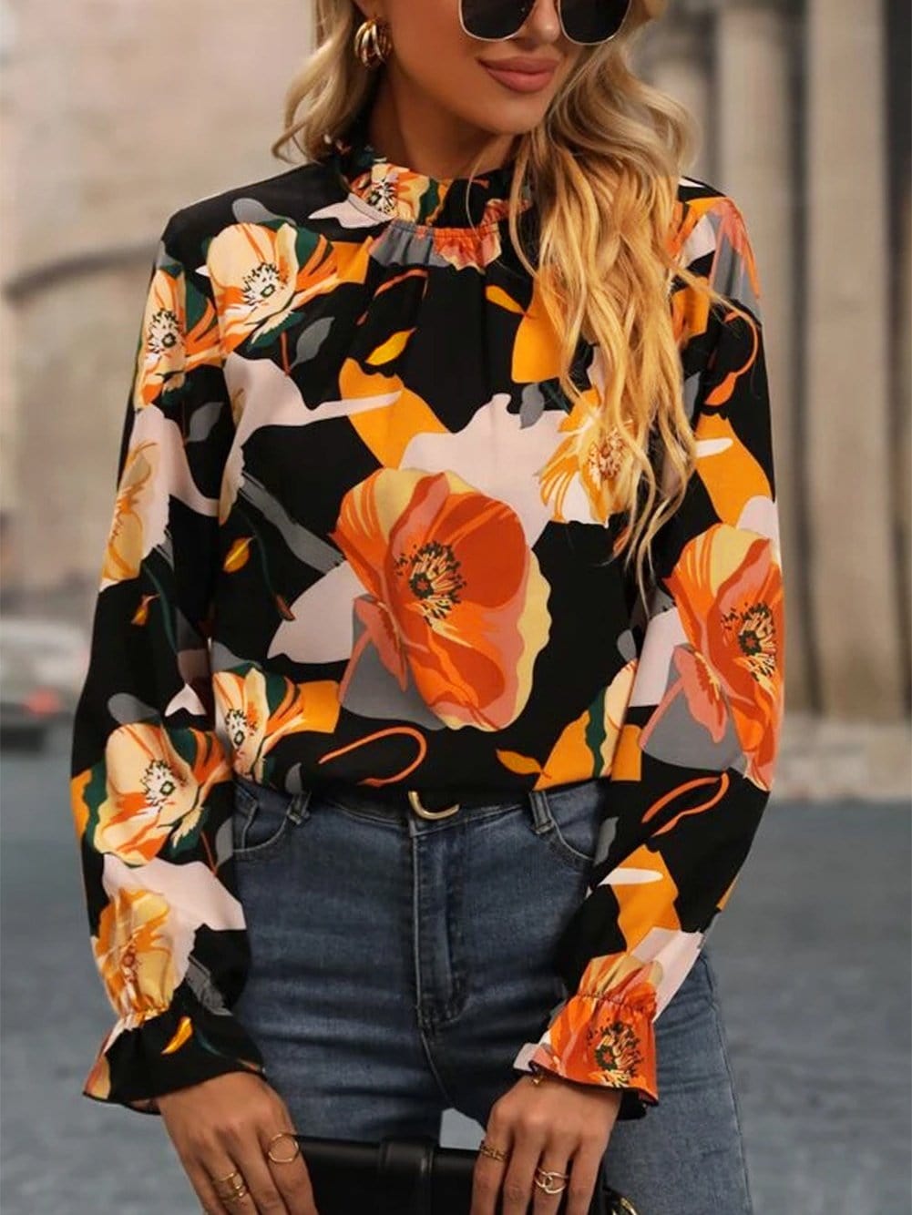 Stylish Floral Mock Neck Blouse