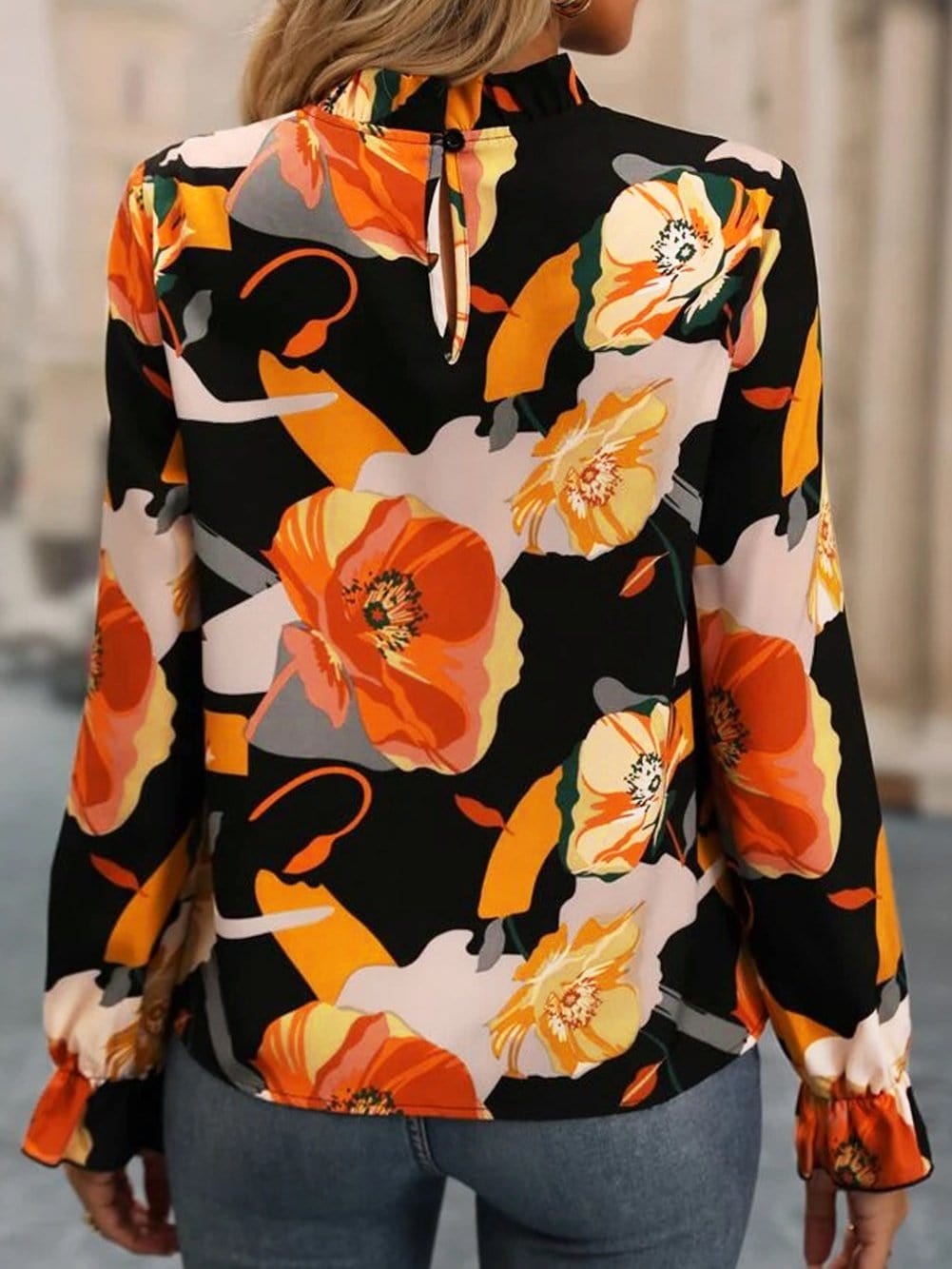 Stylish Floral Mock Neck Blouse