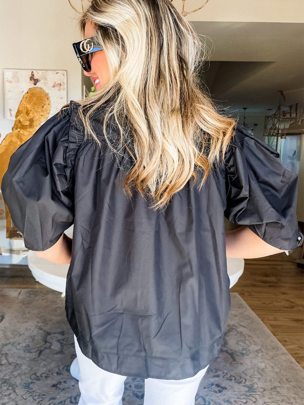 Black Puff Sleeve Button Down Shirt