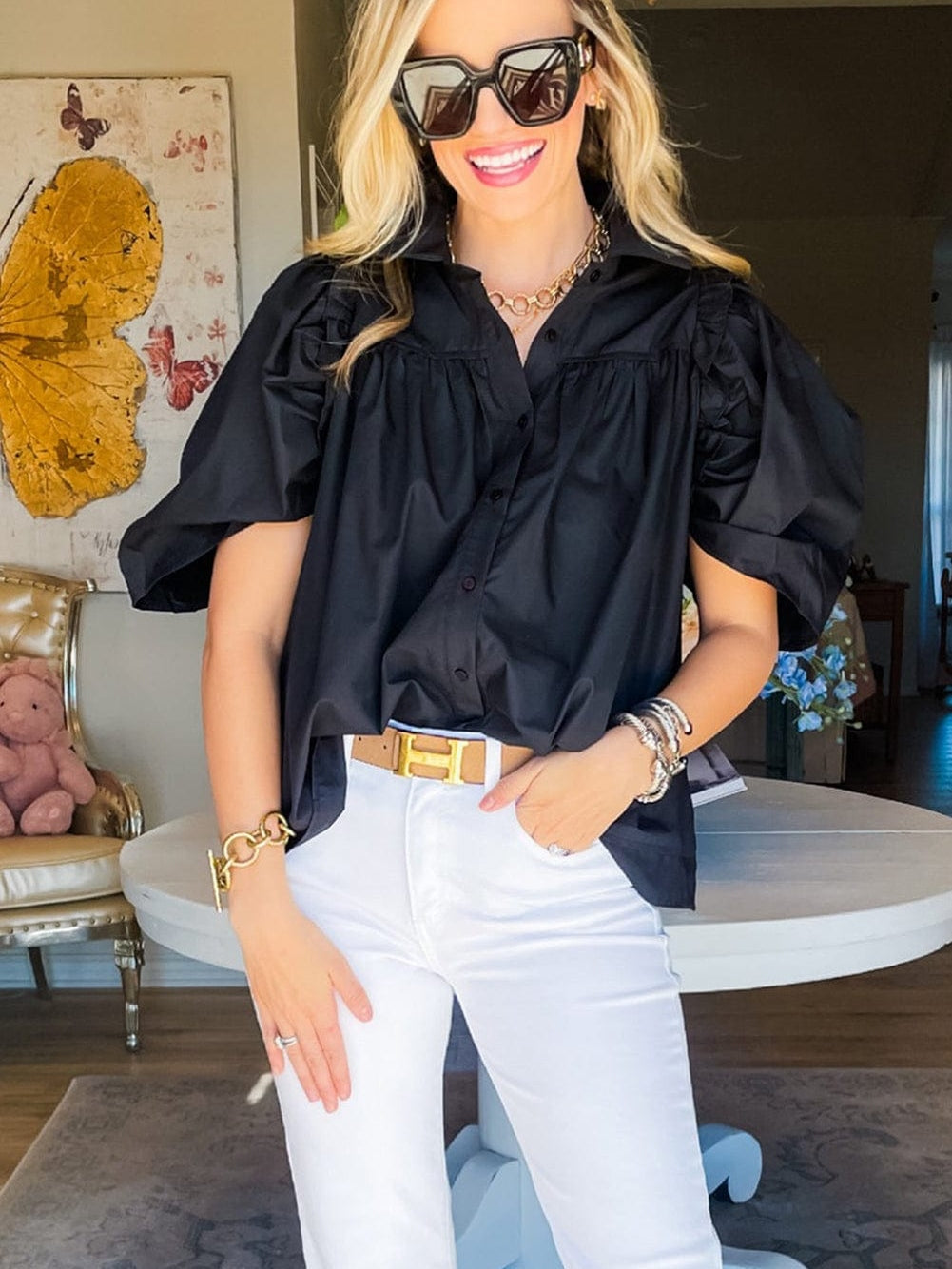 Black Puff Sleeve Button Down Shirt