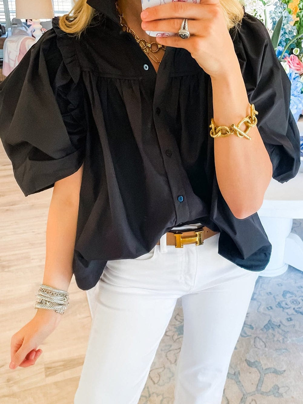 Black Puff Sleeve Button Down Shirt