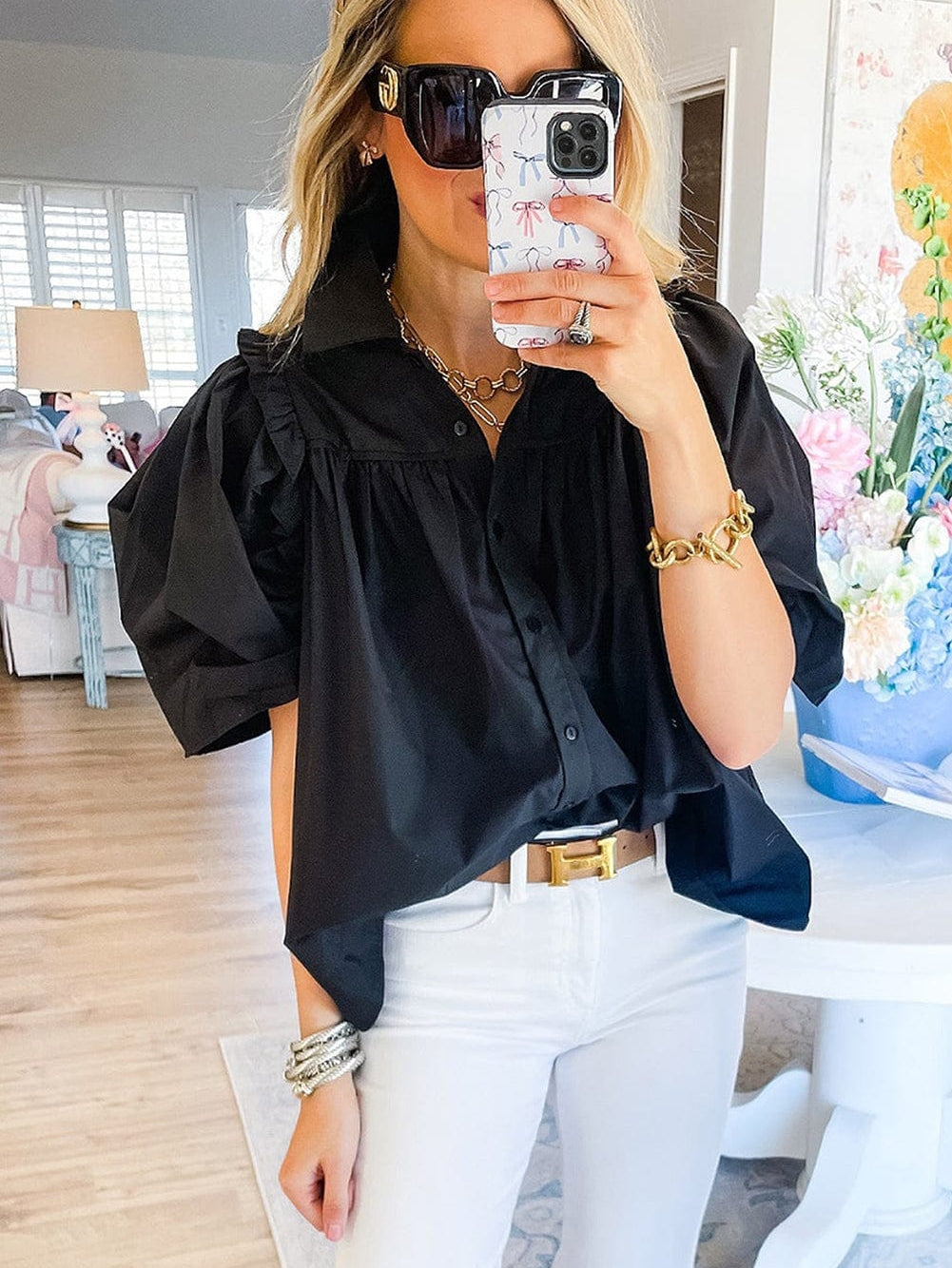 Black Puff Sleeve Button Down Shirt