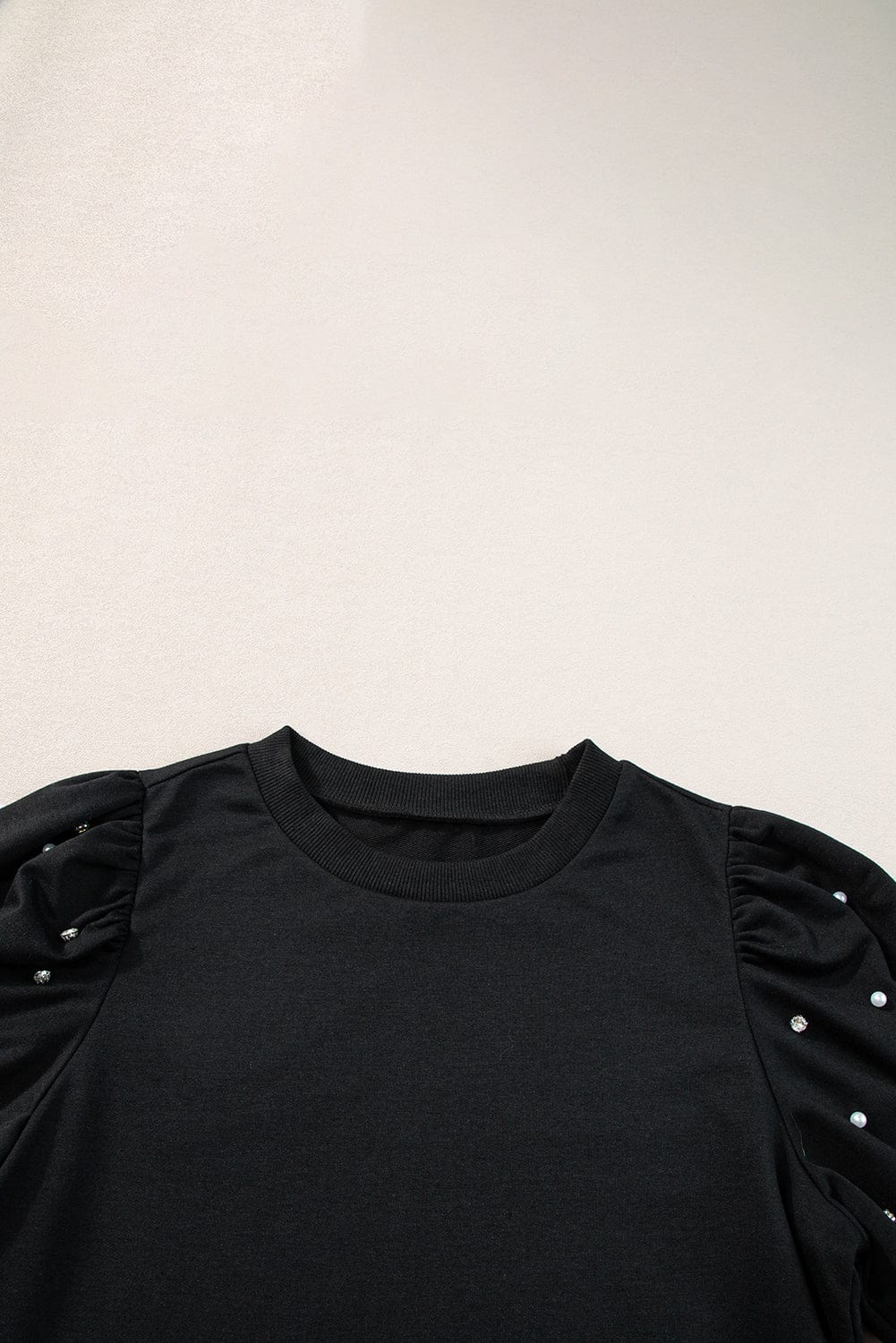 Stylish Black Blouse with Pearl and Rhinestone Decor