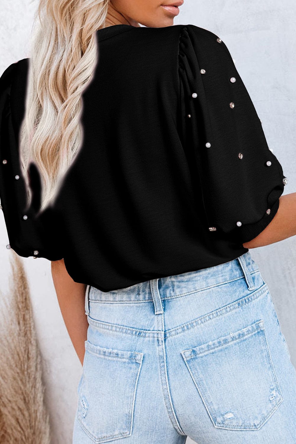 Stylish Black Blouse with Pearl and Rhinestone Decor
