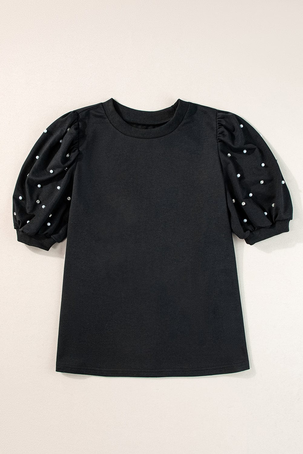 Stylish Black Blouse with Pearl and Rhinestone Decor