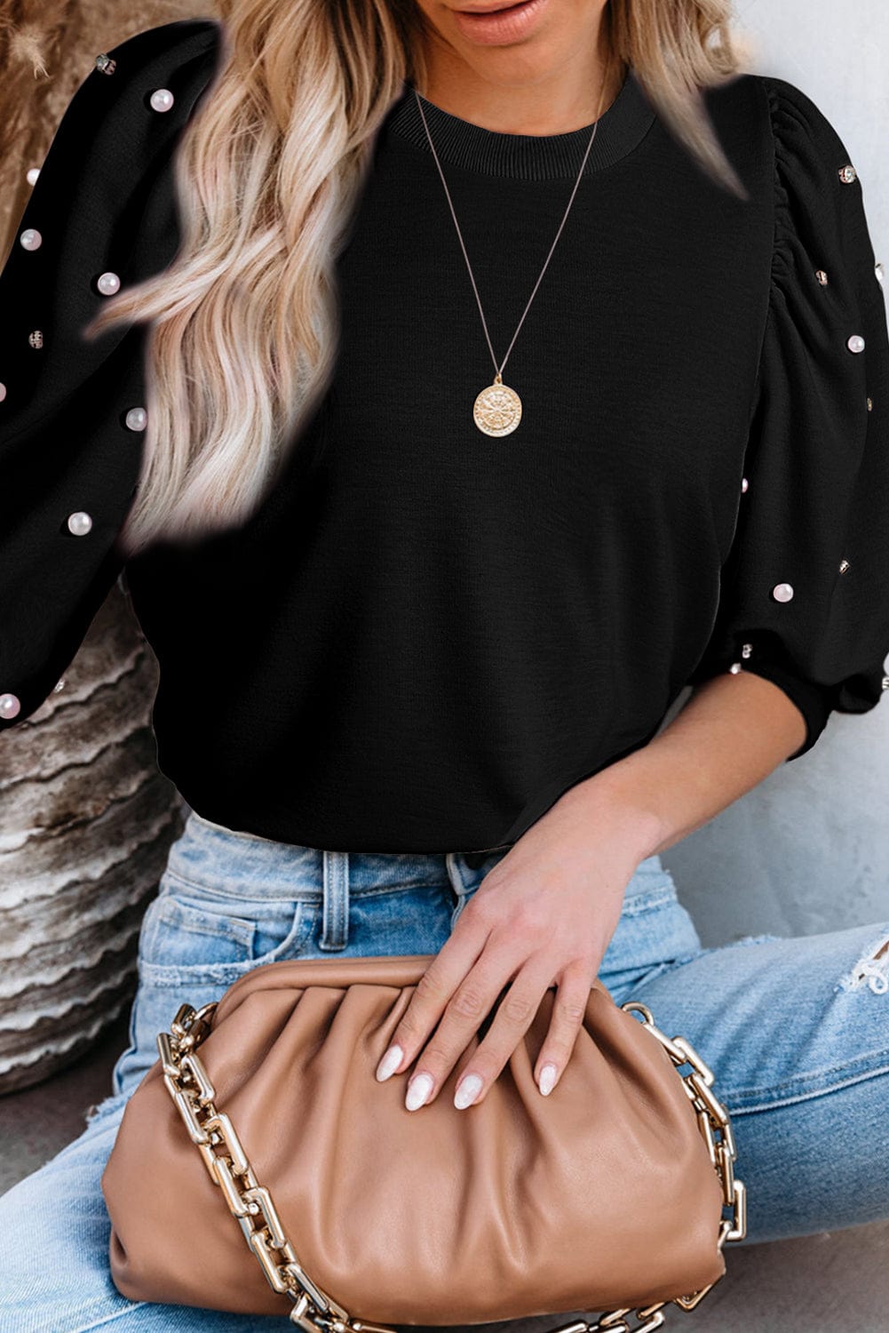 Stylish Black Blouse with Pearl and Rhinestone Decor