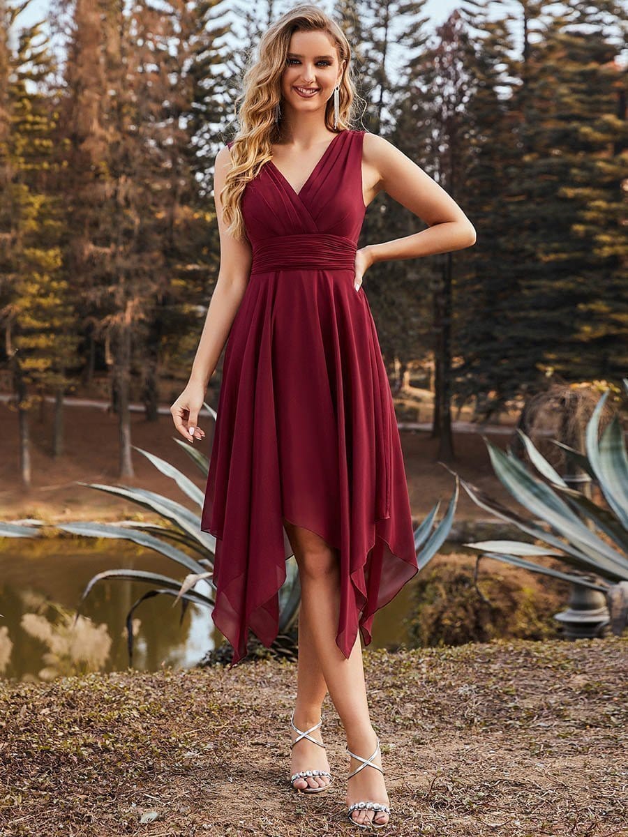 Burgundy Chiffon Bridesmaid Dress with Asymmetrical Hem