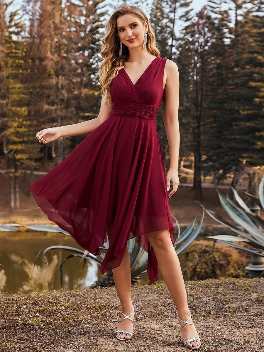 Burgundy Chiffon Bridesmaid Dress with Asymmetrical Hem
