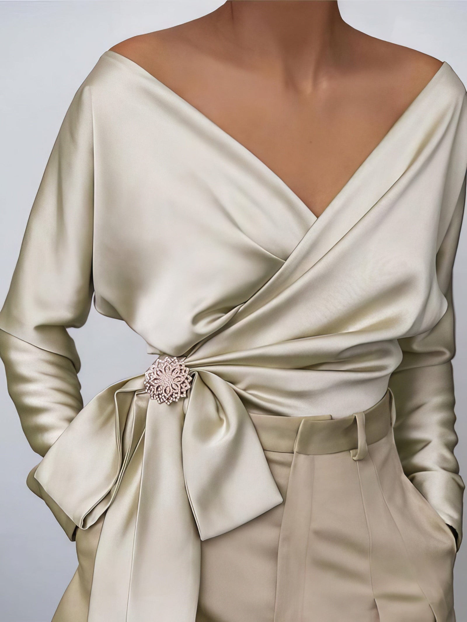 Fashionable Satin Blouse with Bow Accent